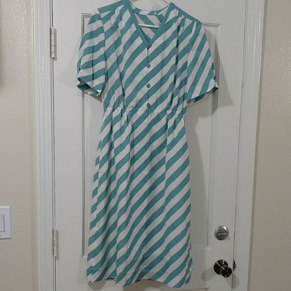 Vintage Green Candy Diagonal Striped Midi Dress M